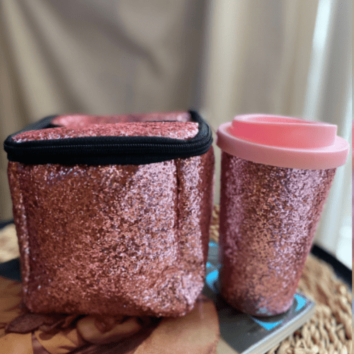 Bolsito glitter (13x13cm) + vaso glitter